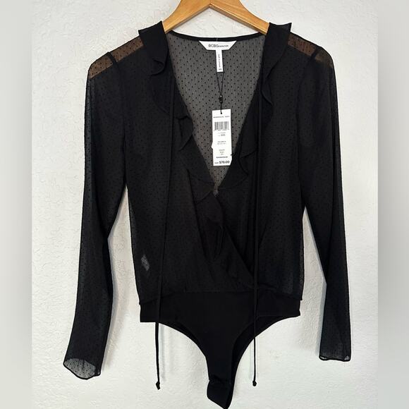 NEW Sheer Black Polka Dot Long Sleeve Bodysuit Ruffle Surplice Coquette Sexy - Picture 1 of 8